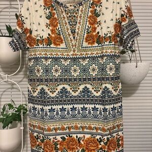 FARM Rio Orange and Blue Floral T-shirt Dress